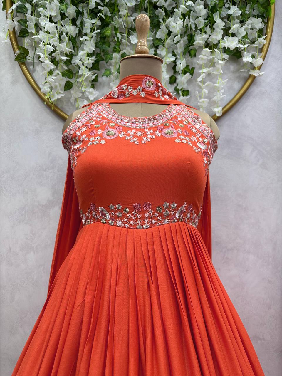 New Long Flair Orange Gown Functional Occasion Wear