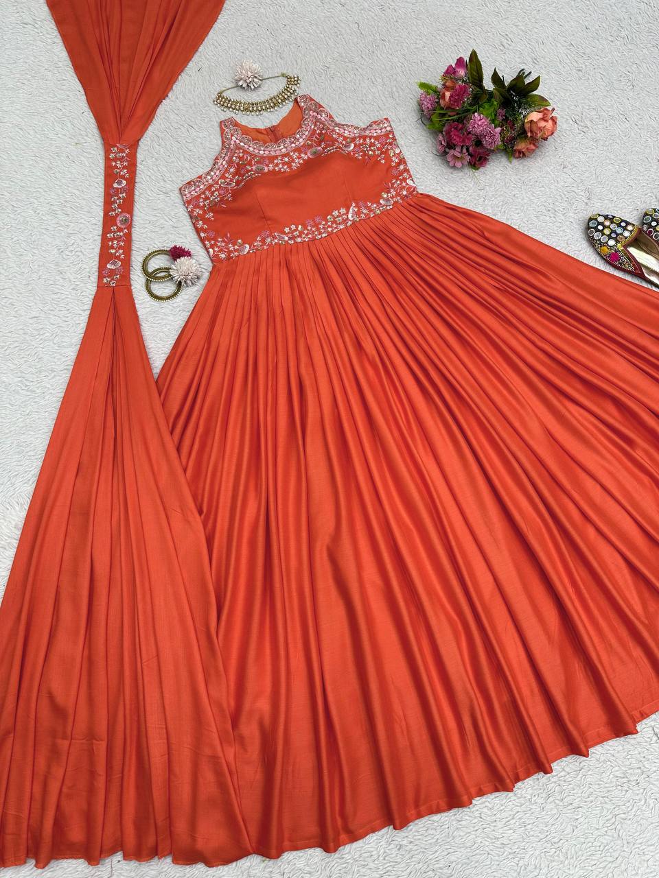 New Long Flair Orange Gown Functional Occasion Wear
