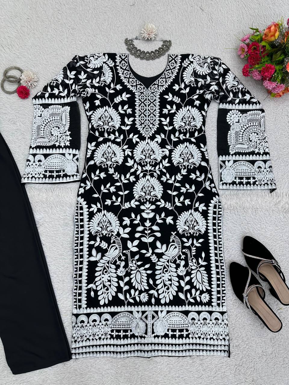 Beautiful Designer Black Suit On Heavy Georgette Fabric With Chain-Stitch Work And Pent
