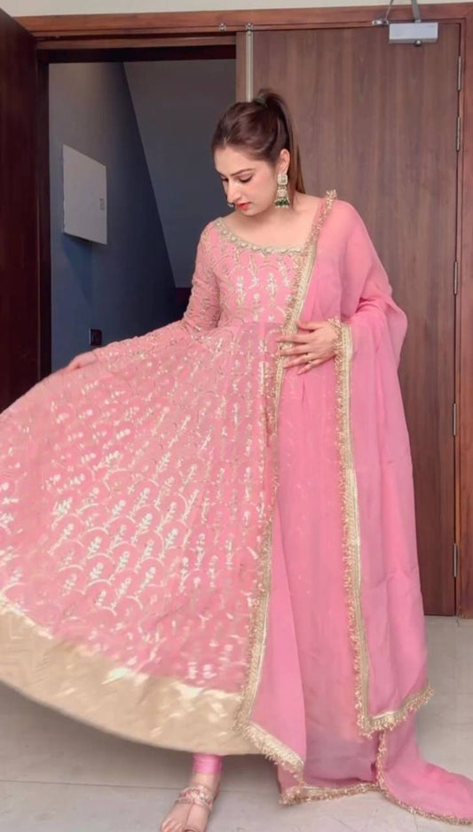 Designer Georgette Beautiful Pink Anarkali Suit , Pent With Dupatta