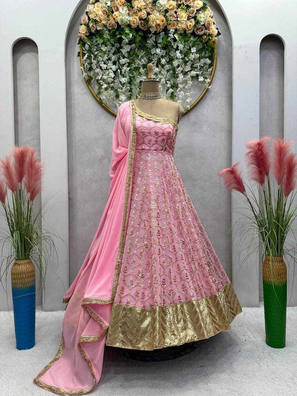 Designer Georgette Beautiful Pink Anarkali Suit , Pent With Dupatta