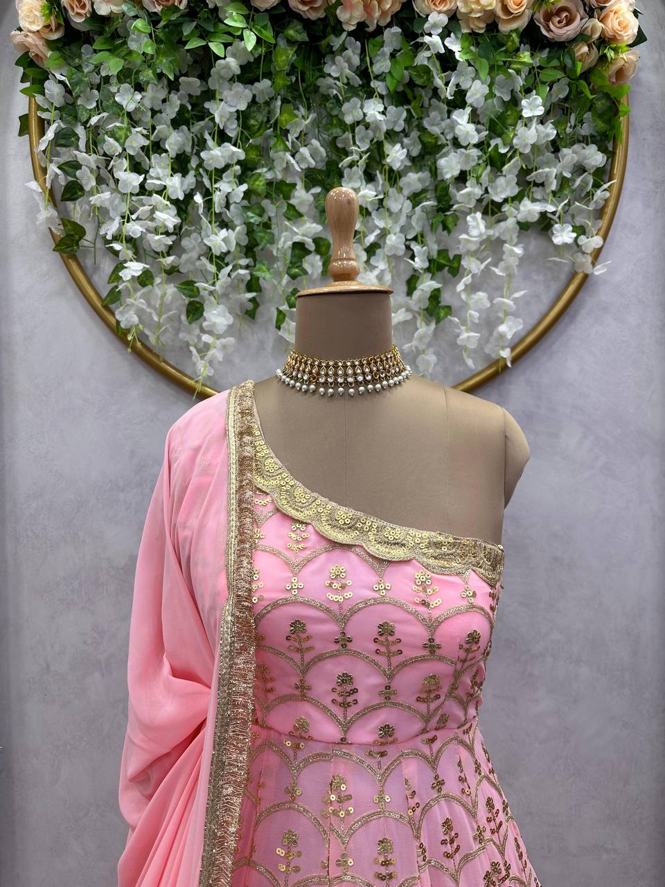 Designer Georgette Beautiful Pink Anarkali Suit , Pent With Dupatta