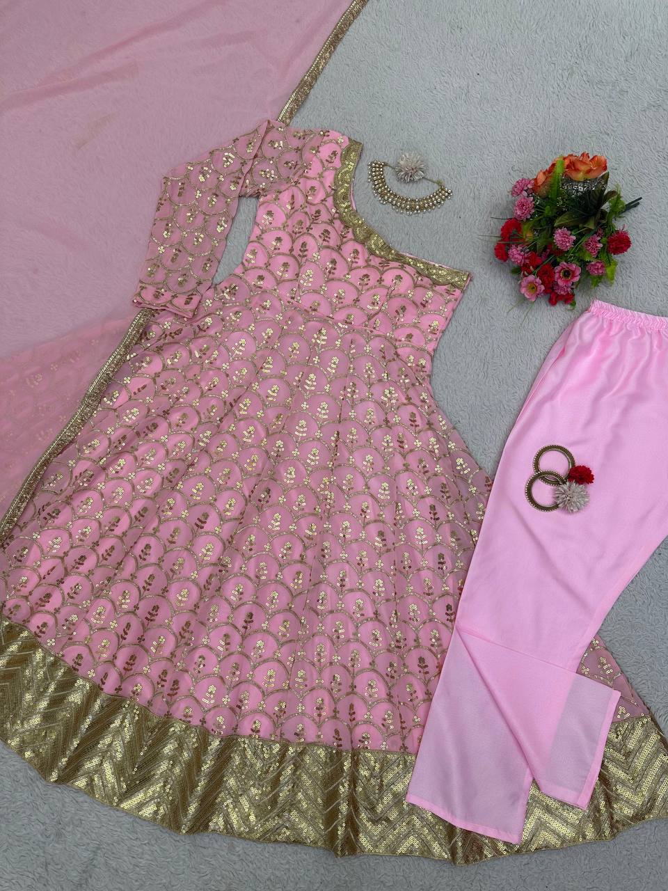 Designer Georgette Beautiful Pink Anarkali Suit , Pent With Dupatta