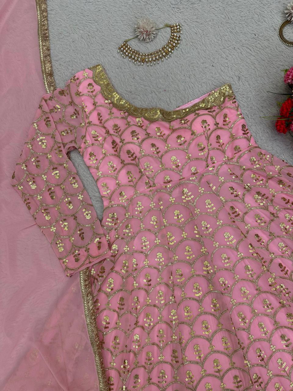 Designer Georgette Beautiful Pink Anarkali Suit , Pent With Dupatta