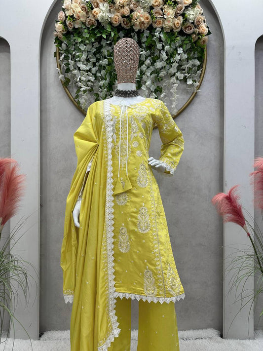 Beautiful Designer Suit On Maslin Silk fabric , Pent With Dupatta