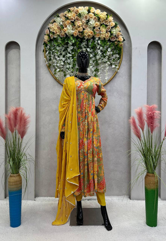 Beautiful Designer Yellow & Green Suit On Muslin febric With Digital Print