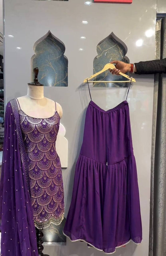 Purple Colour Georgette Stitched Sharara Suit With Sequences Work