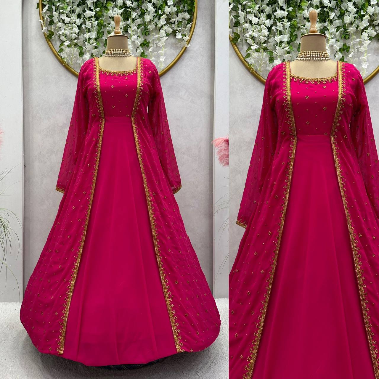 Beautiful Georgette Fabric Thread Work Gown With Shrug