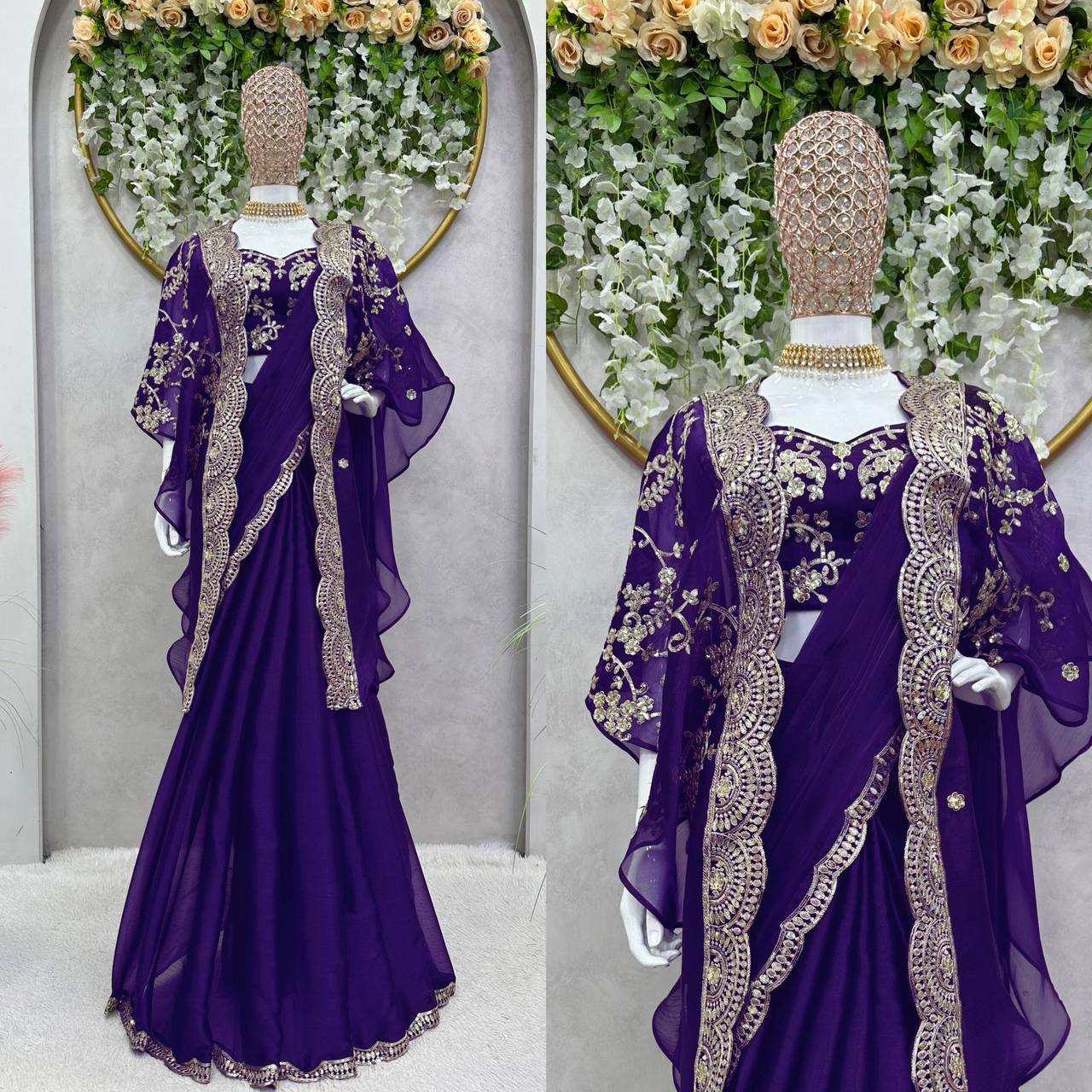 Designer Ready to Wear Purple Colour Saree With Thread And Sequence Work
