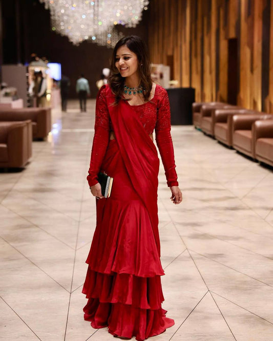 Designer Ready To Wear Red Lehenga Saree With Chinon Silk Fabric