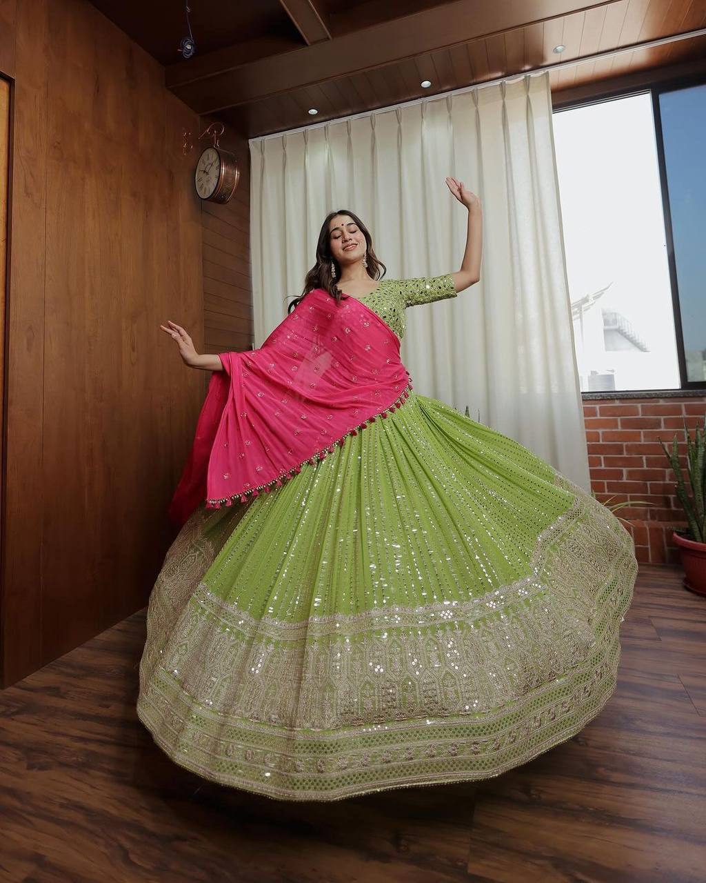Beautiful Georgette Fabric With Long Fliar And Thread & Sequences Work On Green Lehenga Choli