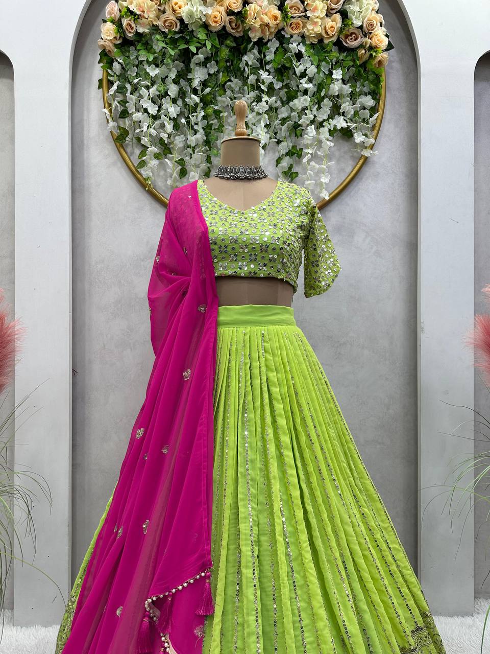 Beautiful Georgette Fabric With Long Fliar And Thread & Sequences Work On Green Lehenga Choli