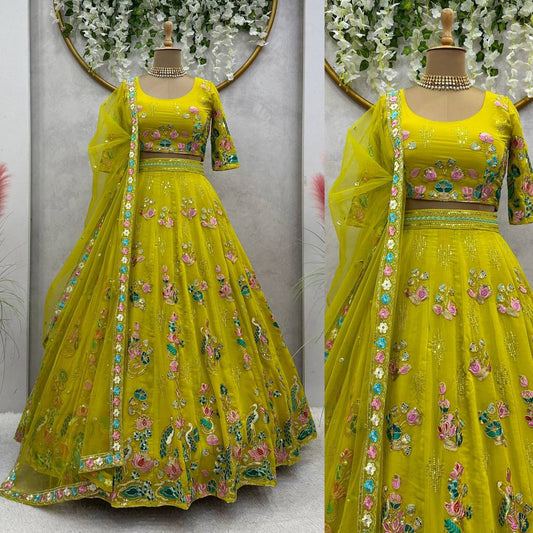 MEHNDI GREEN HEAVY SEQUENCE WORK WEDDING WEAR LEHENGA CHOLI