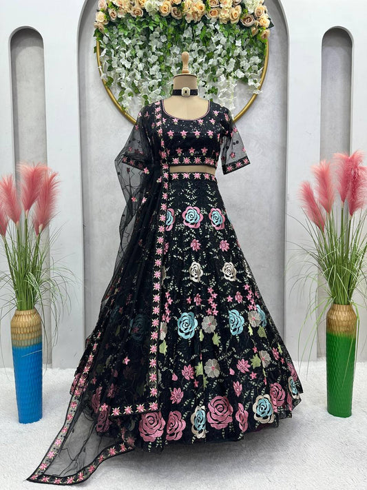 Amazing Black Colour Georgette Fabric With Long Flair And Thread & Sequences Work Lehenga Choli