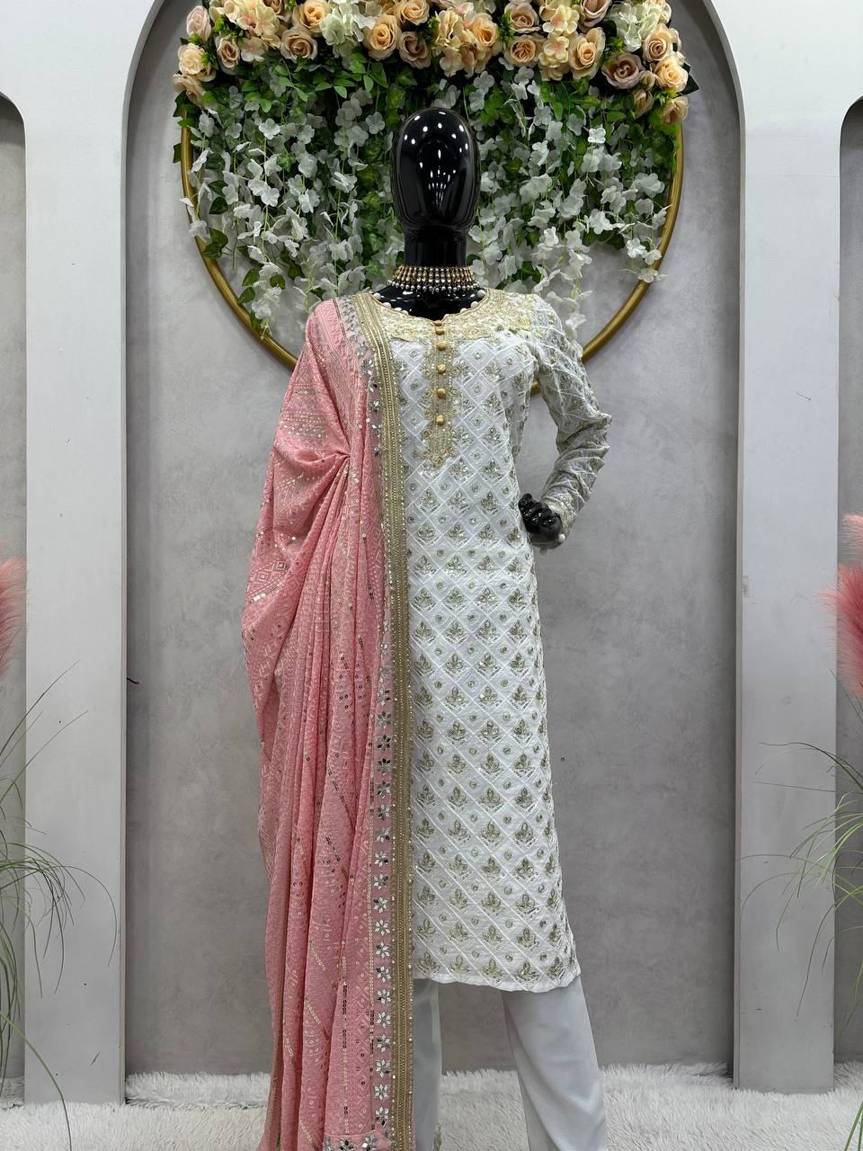 Fancy White Colour Georgette Fabric And Thread With Real Mirror Work Suit With Dupatta