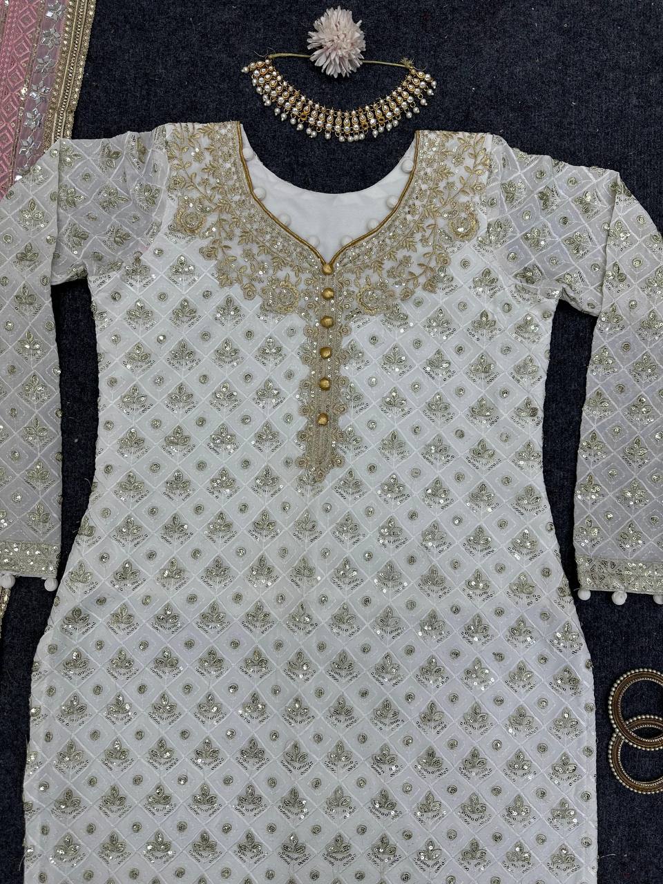 Fancy White Colour Georgette Fabric And Thread With Real Mirror Work Suit With Dupatta