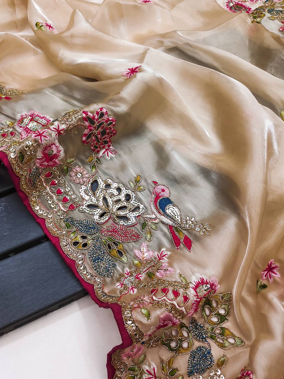 Wedding Wear Soft Silk Mutly Thread Embroidery & Cut Work Border Sari