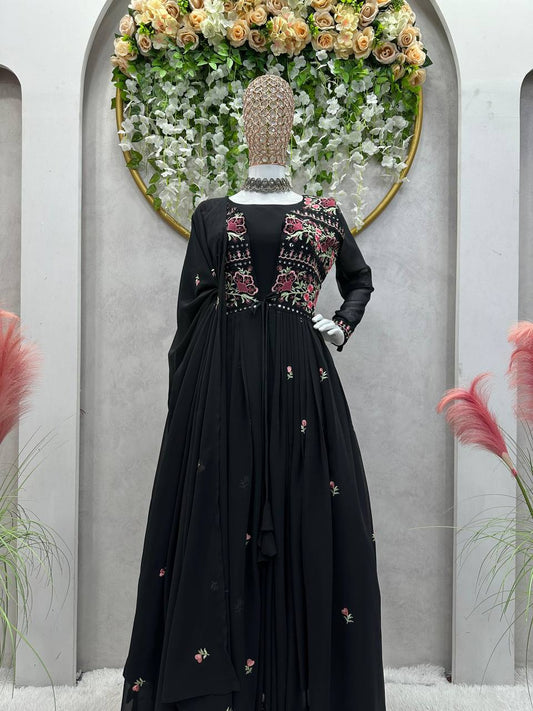 Glamorous Black Colour Full Stitch Georgette Gown With Embroidery Worked Shrug