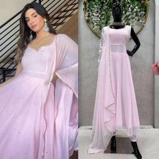 Gorgeous Handwork With Diamond Work Light Pink Colour Gown