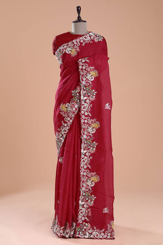Red Jimmy Silk Cut Work Border Saree Blouse For Wedding