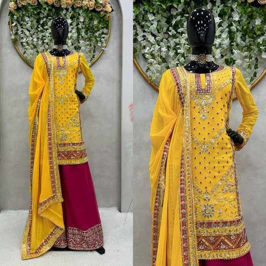 Beautiful Designer Yellow Colour Georgette With Sequence Work Suit Plazo Set