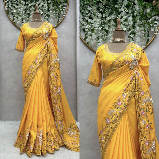 Amazing Designer Heavy Dola Silk Yellow Colour Saree