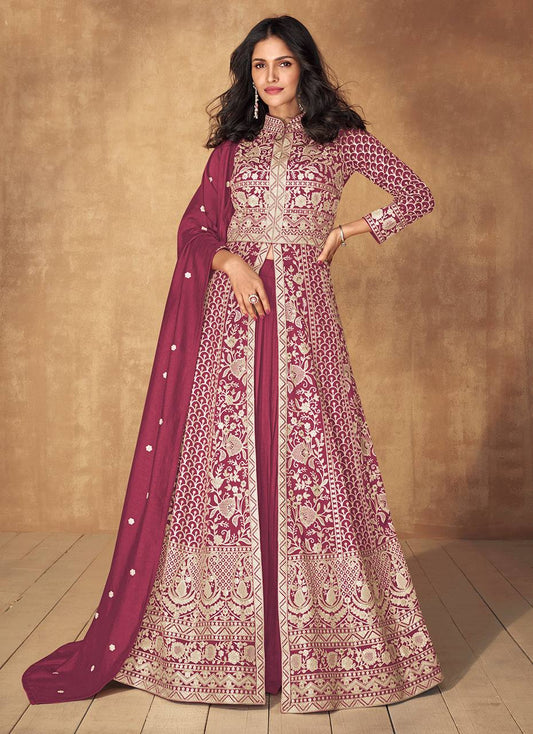 Amazing Vichitra Silk With Embroidery Red Color Gown