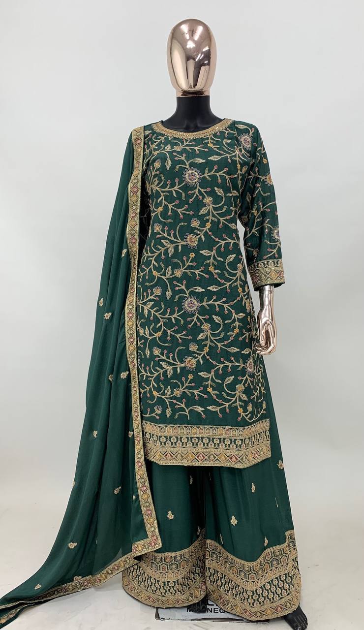 Green Color Chinon Embroidered Fully Stitched Sharara Suit