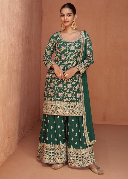 Green Color Chinon Embroidered Fully Stitched Sharara Suit