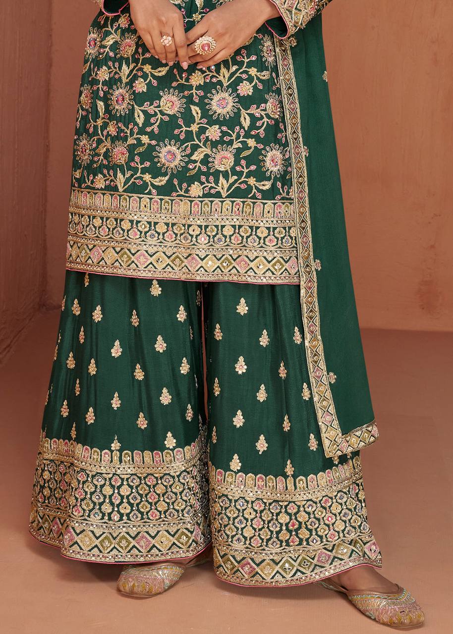 Green Color Chinon Embroidered Fully Stitched Sharara Suit