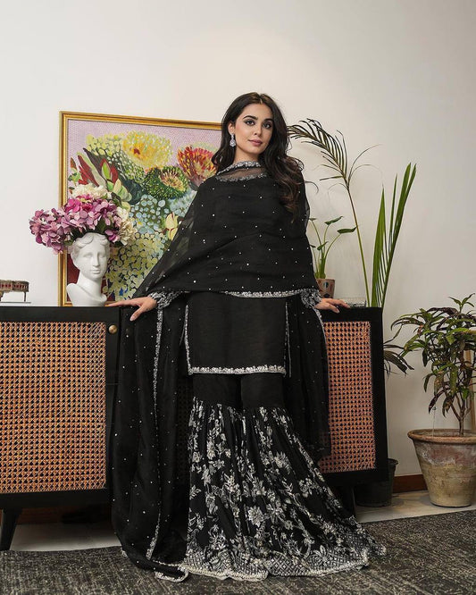 Black Color Georgette Sequence Thread Work Full Stitched Sharara Suit