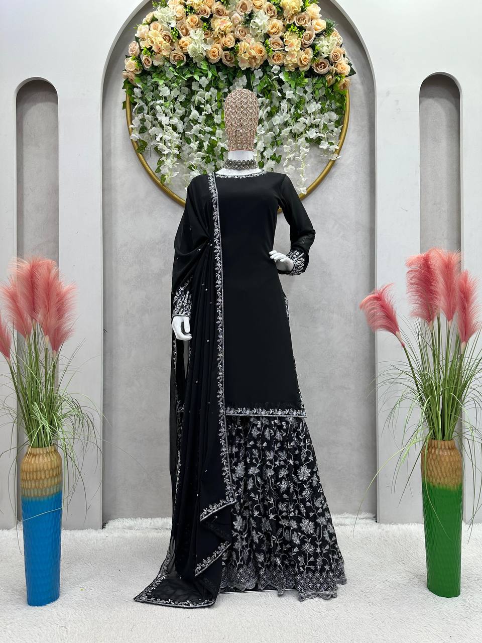 Black Color Georgette Sequence Thread Work Full Stitched Sharara Suit