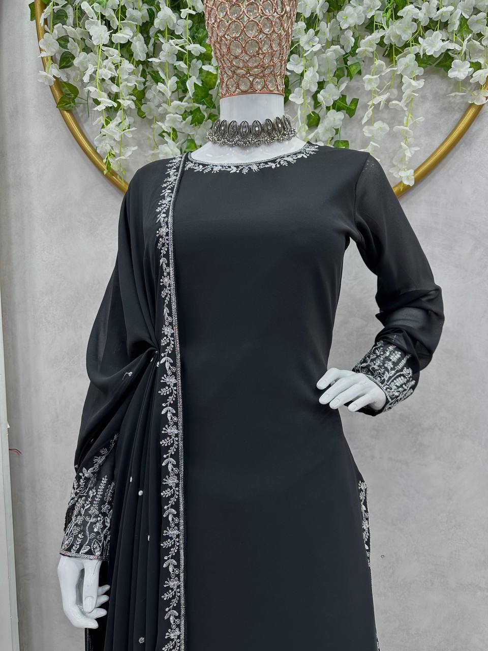 Black Color Georgette Sequence Thread Work Full Stitched Sharara Suit