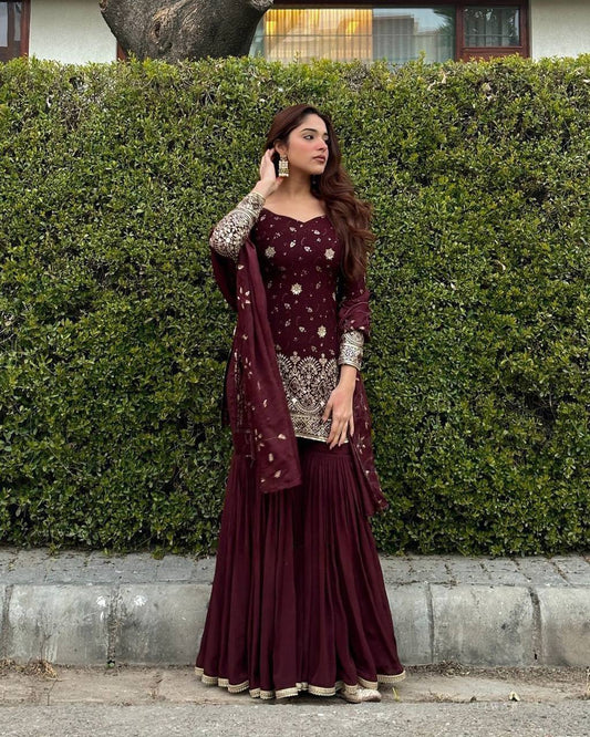 Amazing Georgette Dark Maroon Color Sharara Suit