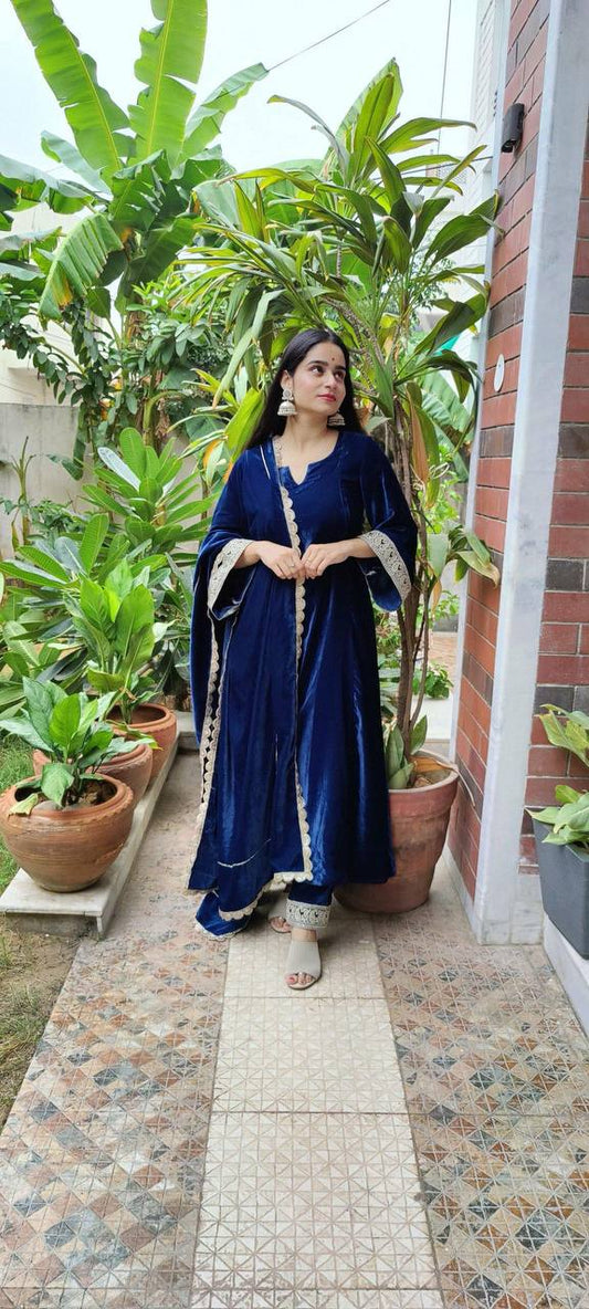 Amazing Blue Color Viscos Velvet Sequence with Cording Dori Gown