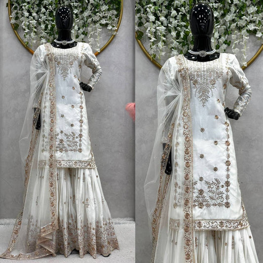 Attractive Chinon Silk White Color Sharara Suit