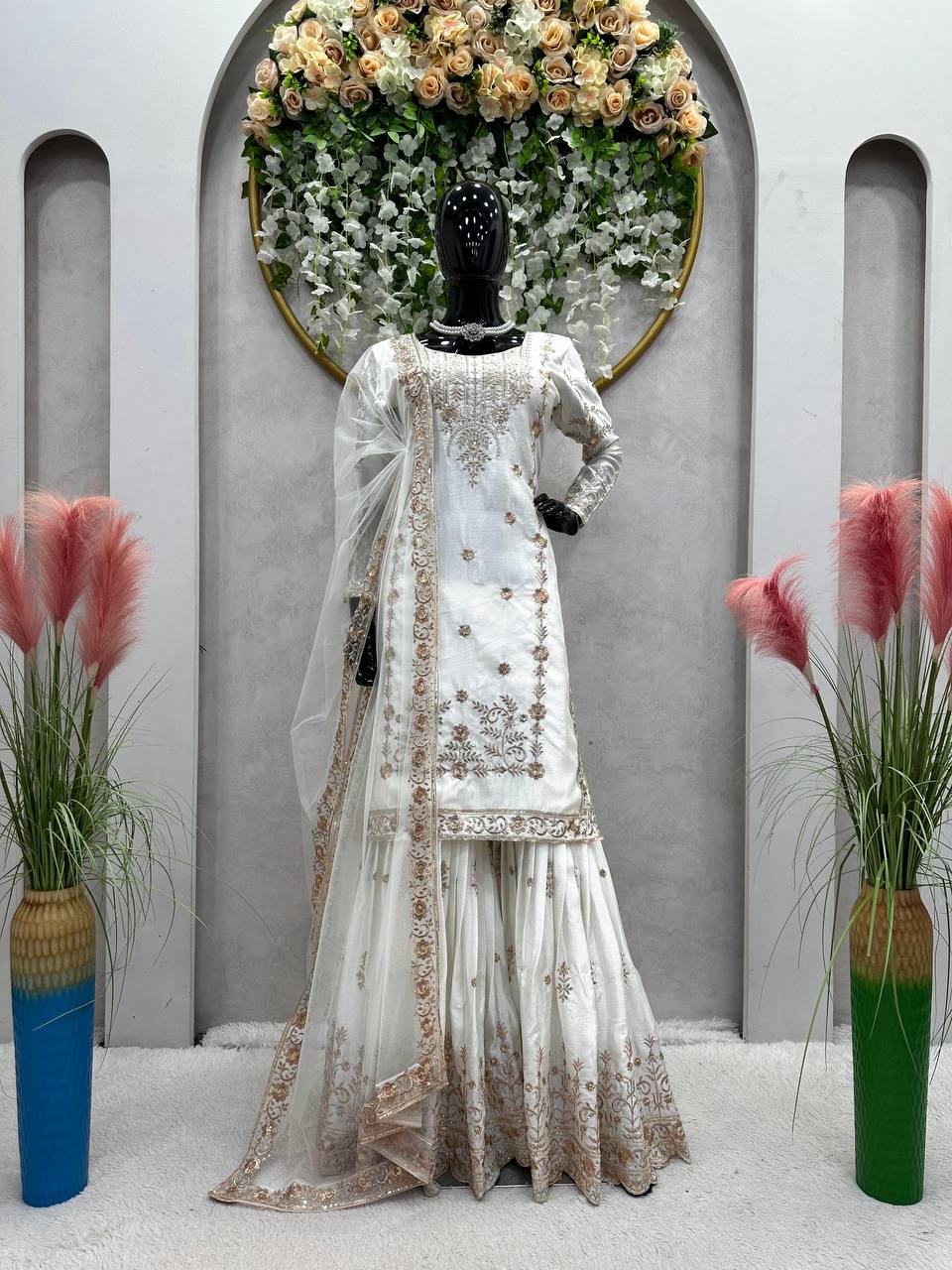 Attractive Chinon Silk White Color Sharara Suit