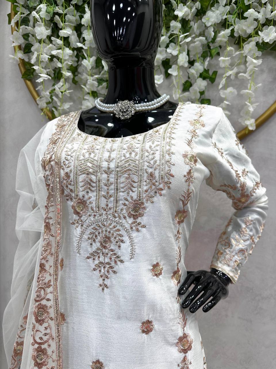 Attractive Chinon Silk White Color Sharara Suit