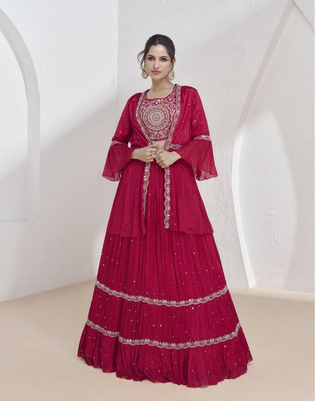 Party Wear Chinon Fabric Embroidery Work Fully Stitched Indo Western Suit With Jacket