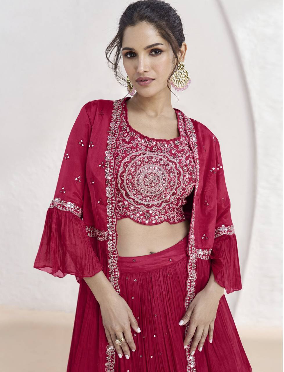 Party Wear Chinon Fabric Embroidery Work Fully Stitched Indo Western Suit With Jacket