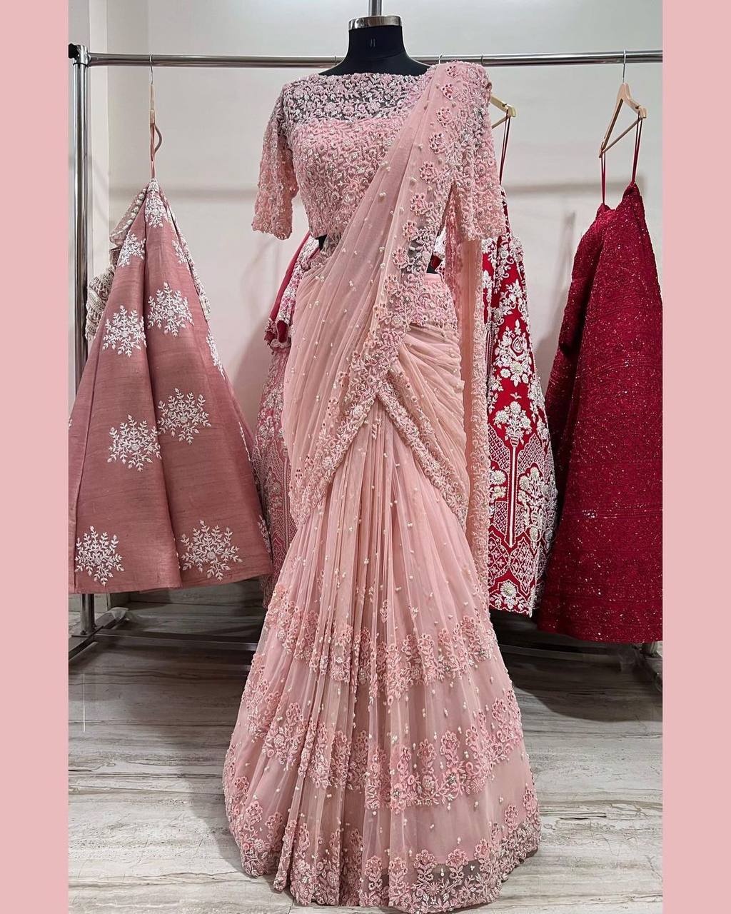 Party Wear Soft Net With Pearl Work Saree For Women