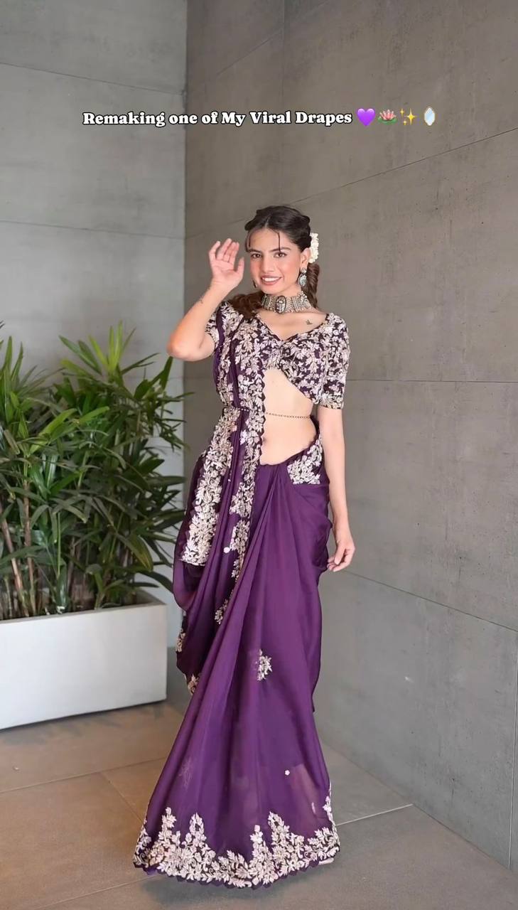 Amazing Purple Colour Jimmy chu Fabric with Thread Work Saree