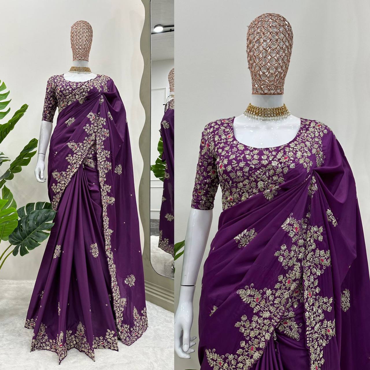 Amazing Purple Colour Jimmy chu Fabric with Thread Work Saree