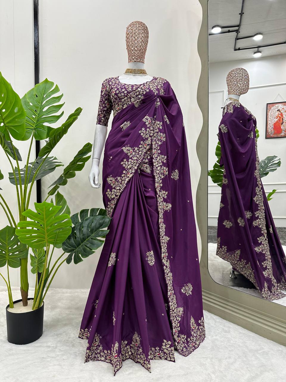 Amazing Purple Colour Jimmy chu Fabric with Thread Work Saree