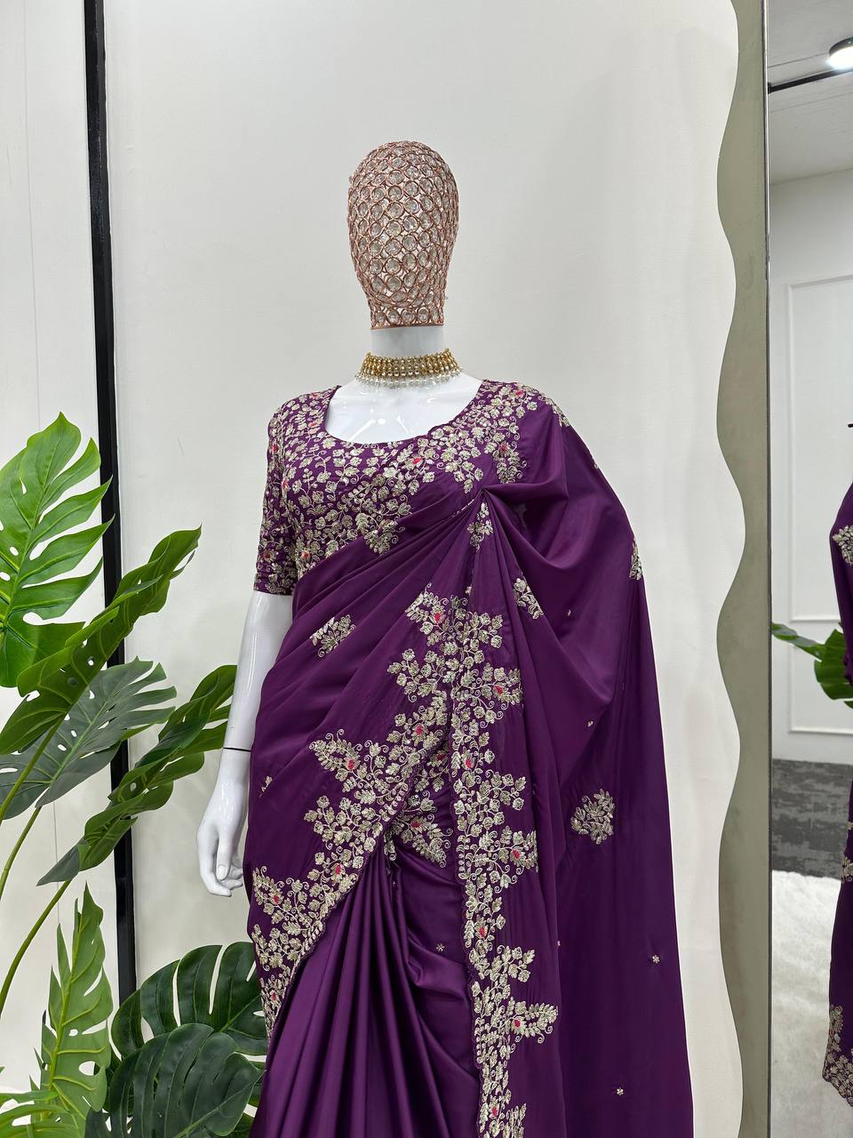 Amazing Purple Colour Jimmy chu Fabric with Thread Work Saree