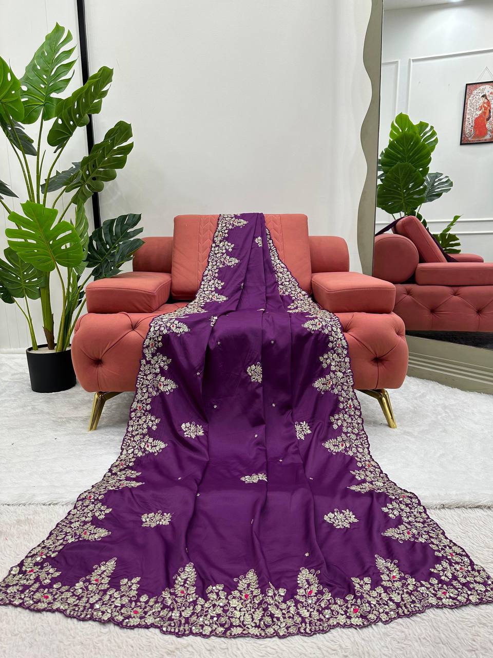 Amazing Purple Colour Jimmy chu Fabric with Thread Work Saree