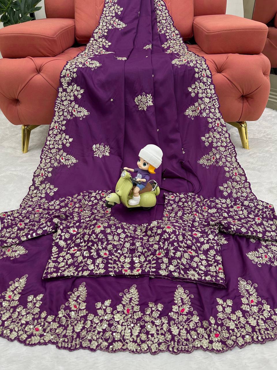 Amazing Purple Colour Jimmy chu Fabric with Thread Work Saree