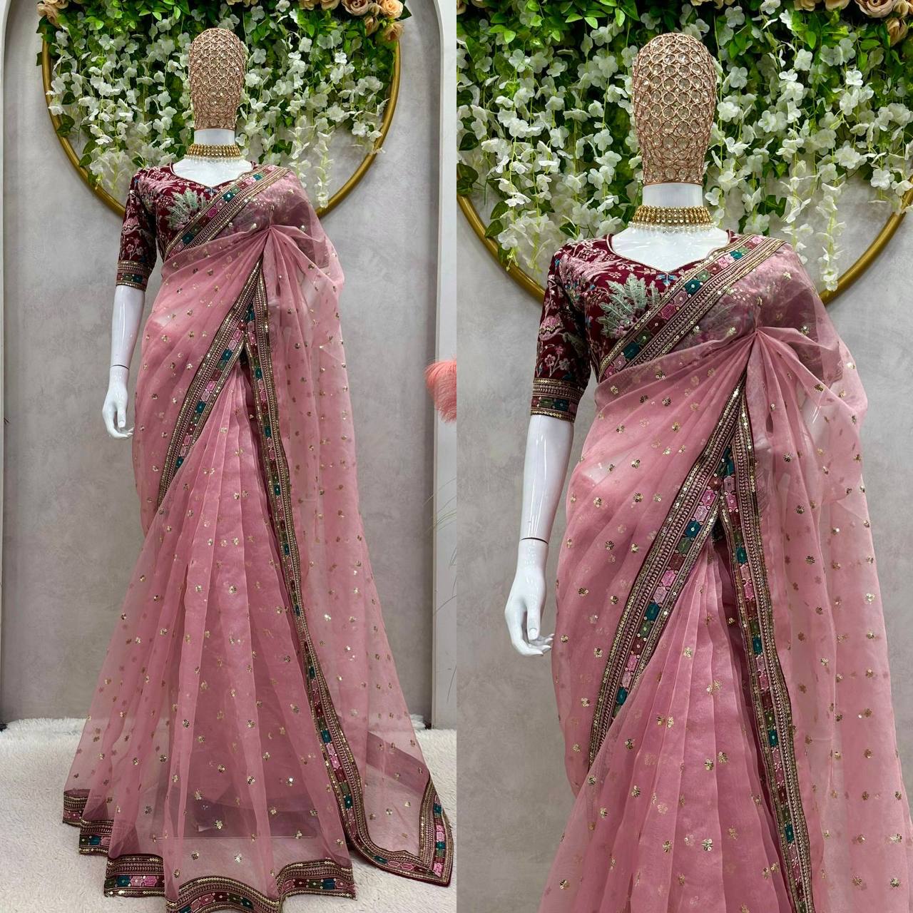 Attractive Organza Silk Fabric Thread And Sequence Work Saree