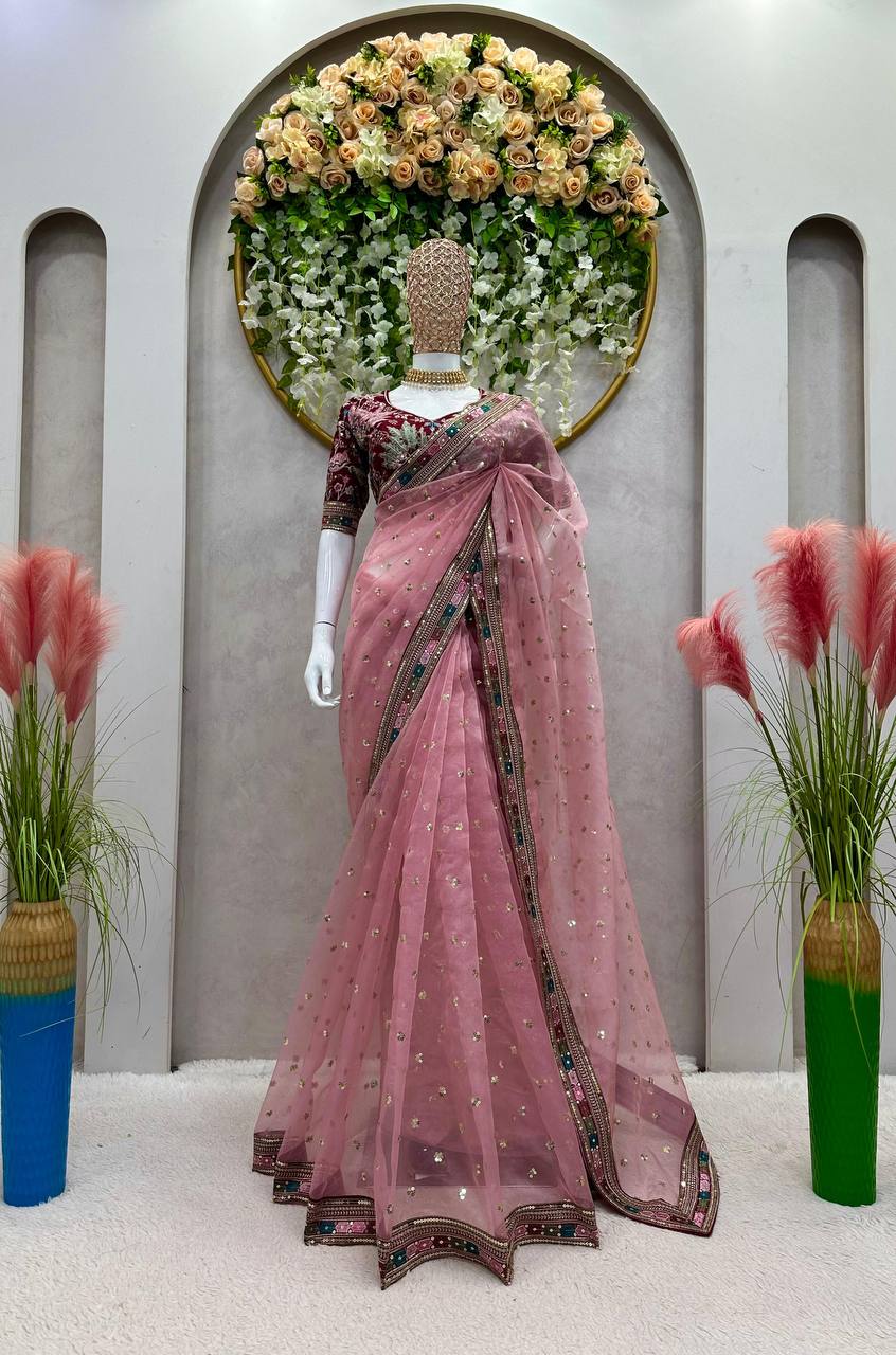 Attractive Organza Silk Fabric Thread And Sequence Work Saree