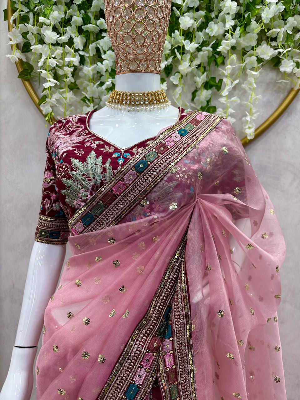 Attractive Organza Silk Fabric Thread And Sequence Work Saree